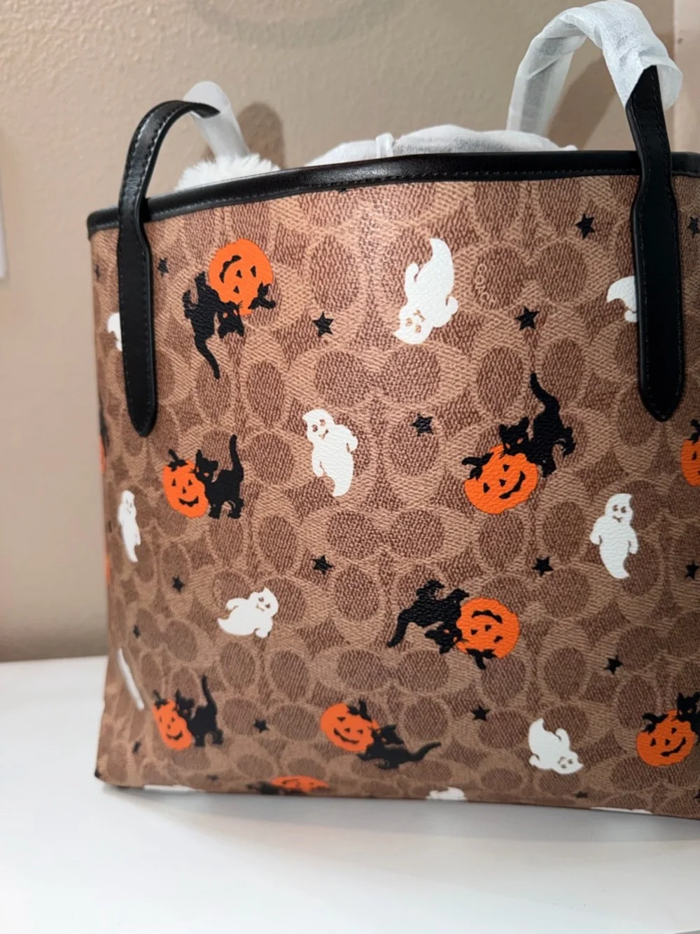 Coach Brown Halloween Pumpkin & Ghost Print Tote - Picture 3 of 8